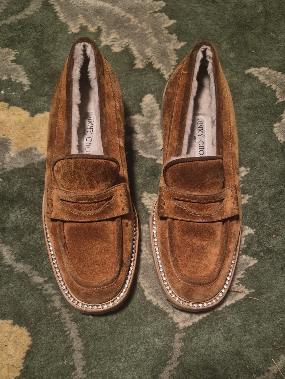 Jimmy Choo Brown Suede Loafers with Crystal Trim